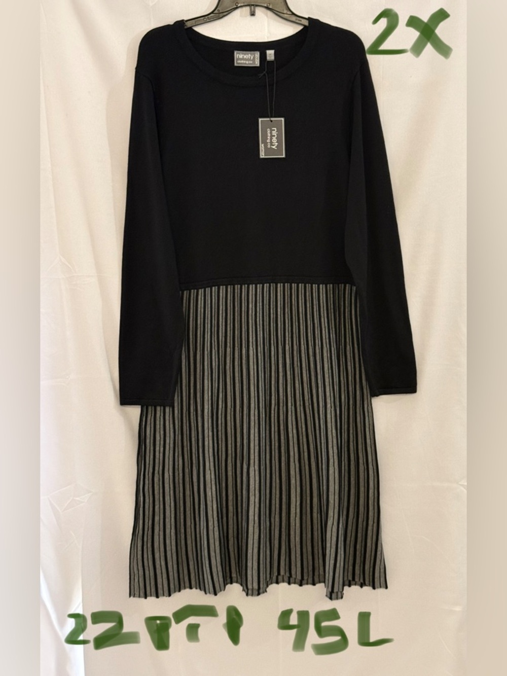 Ninety-Six Black Long-Sleeve Knit Dress with Pleated Striped Skirt